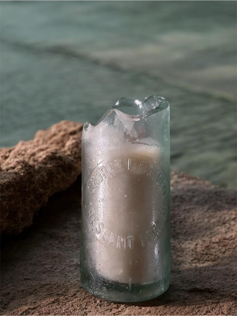 Collectors Sea Glass Candle Holder with White Pillar Candle